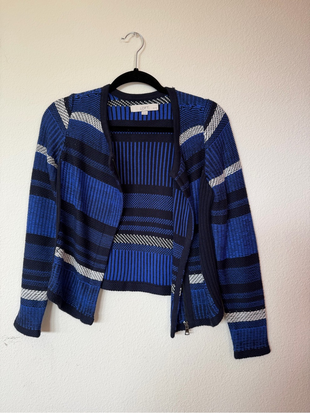 Loft Blue Striped Open-Front Knit Sweater